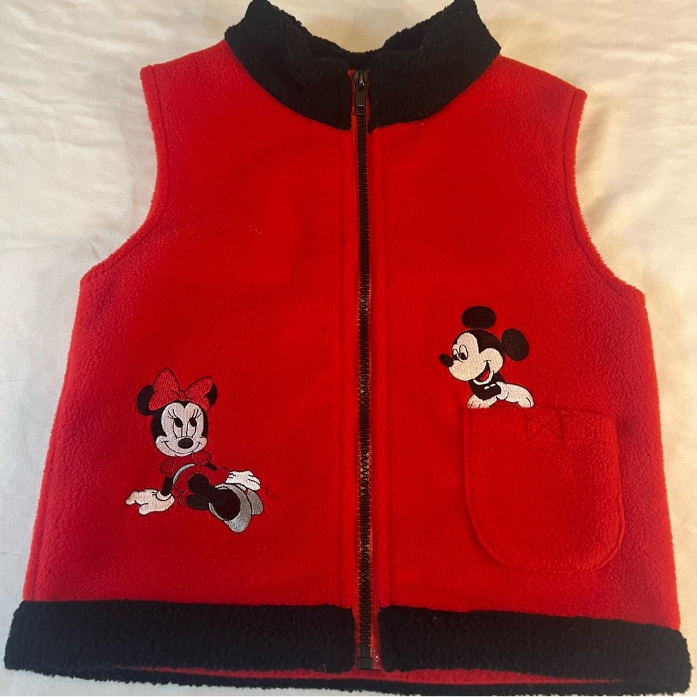 Vintage Disney Mickey Minnie Mouse Kids Size 4 Red Black Fleece Zip Vest